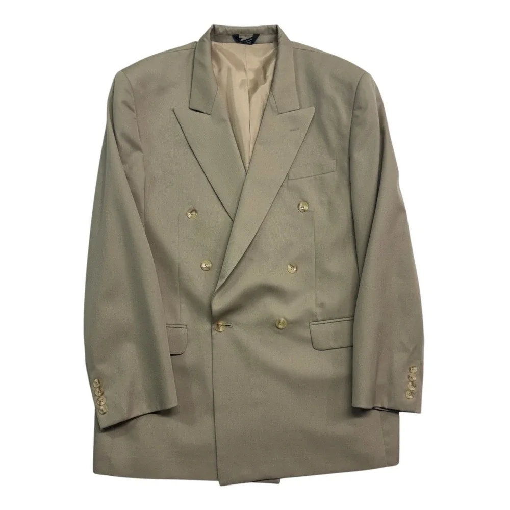 vtg 90s Bruzzi 44L 38x32 Taupe Double Breasted 2pc Pant Suit Wide Leg Pleated